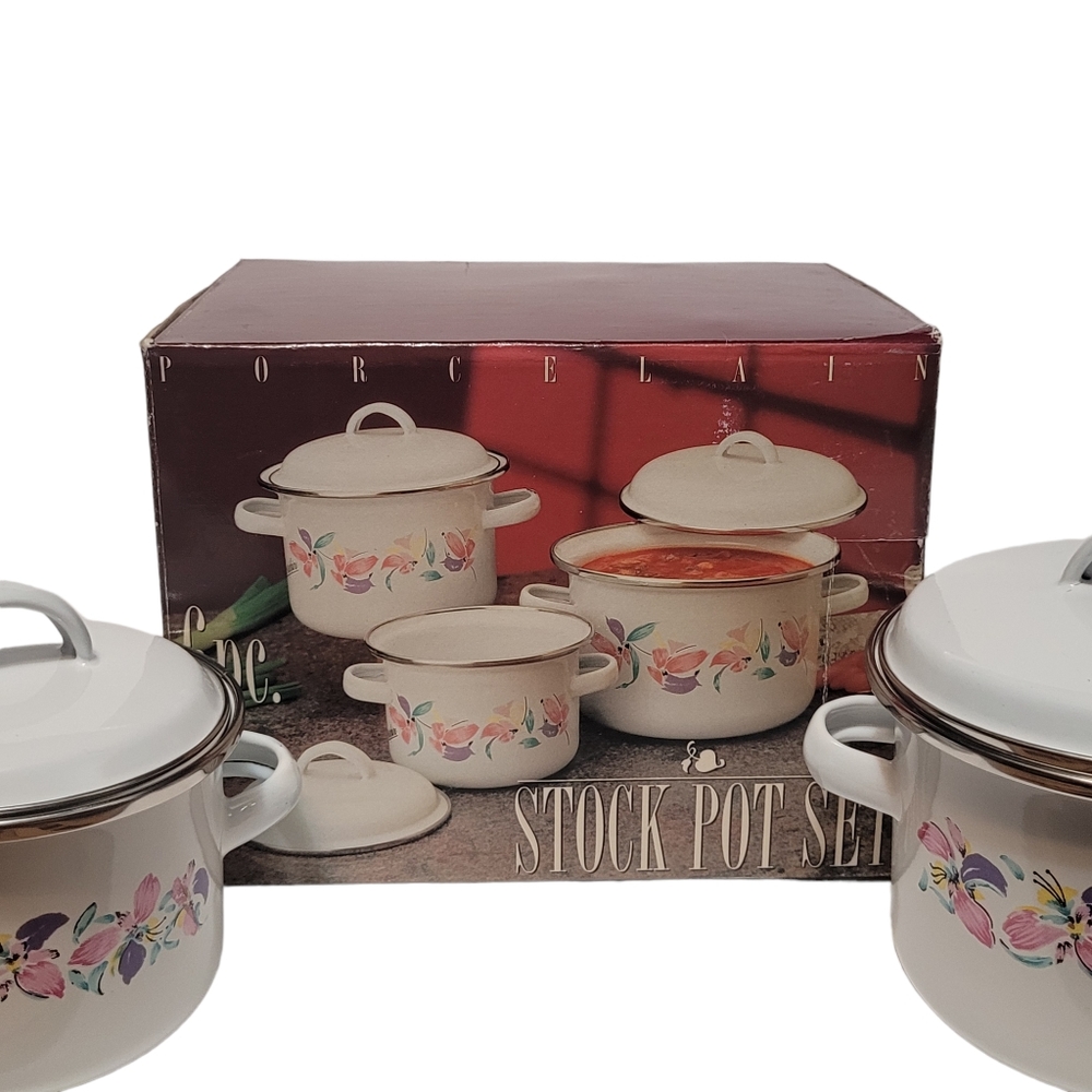 Vintage NEW enamel floral mini stock pots with lids